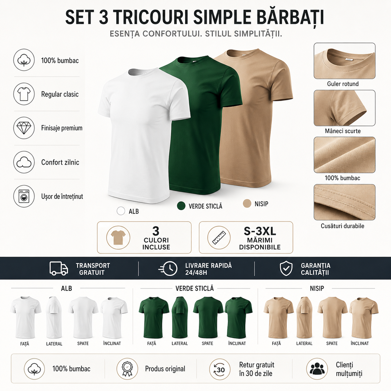 Set 3 tricouri bărbați 100% bumbac regular clasic nisip verde sticlă și alb S-3XL